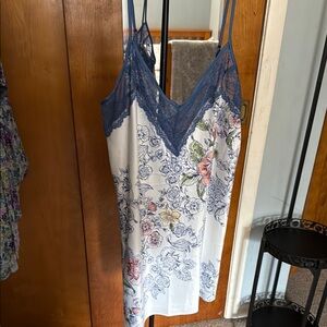 Blue and White Floral Chemise with Lace Trim